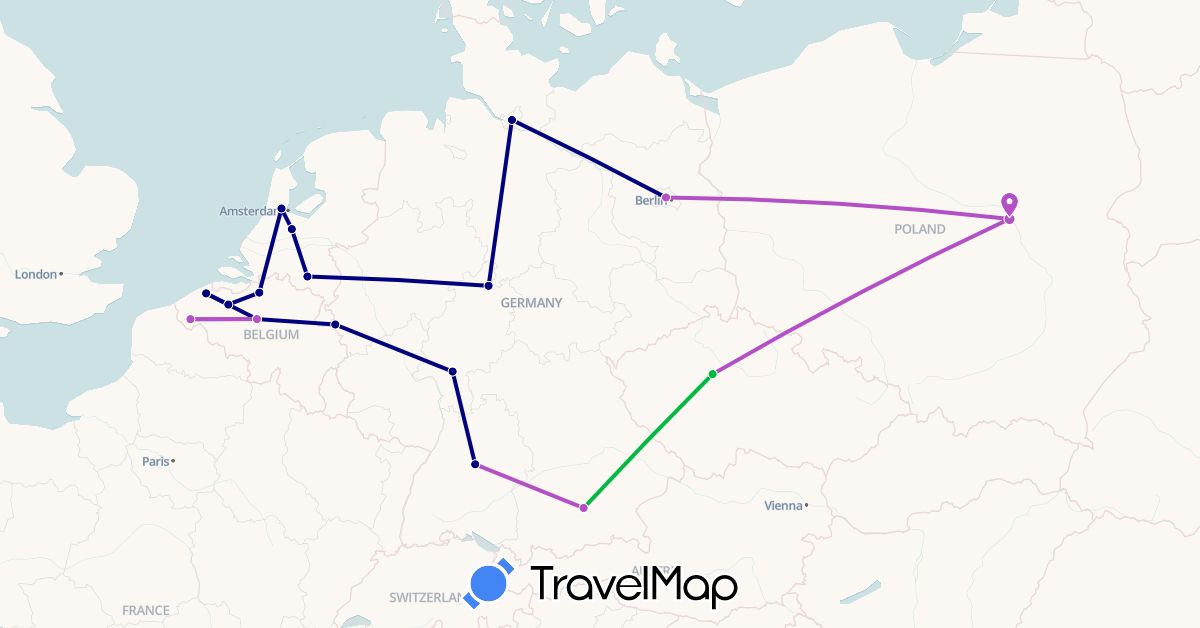 TravelMap itinerary: driving, bus, train in Belgium, Czech Republic, Germany, Netherlands, Poland (Europe)